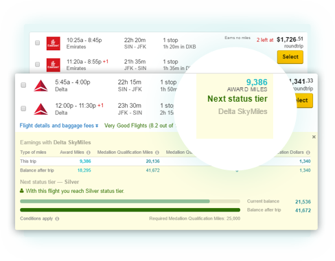Screenshot: flight search results with miles