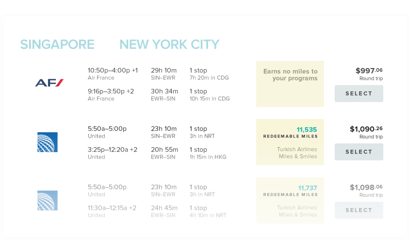 Flight search results with frequent flyer miles